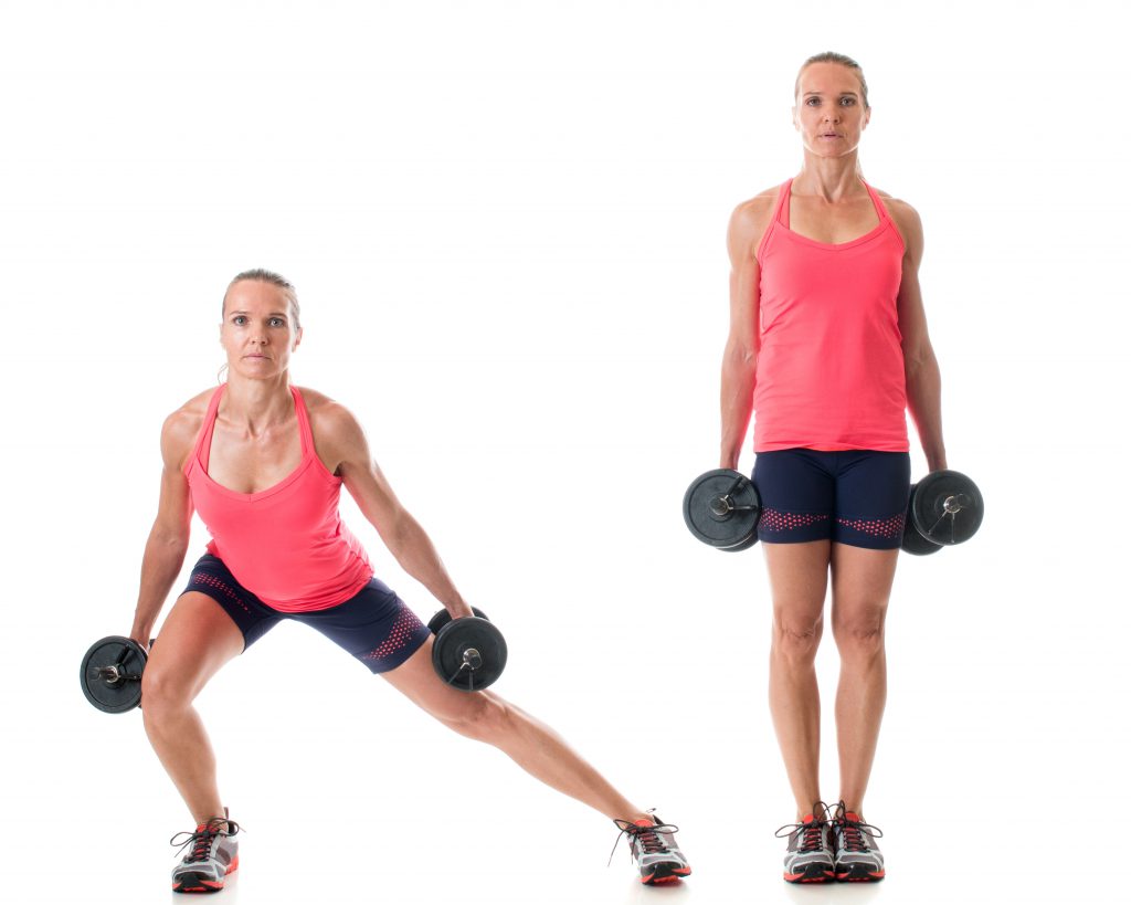 Side lunge exercise. Studio shot over white.