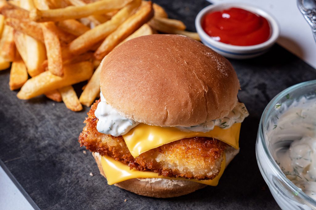 breaded fish sandwich with french fries and ketchup