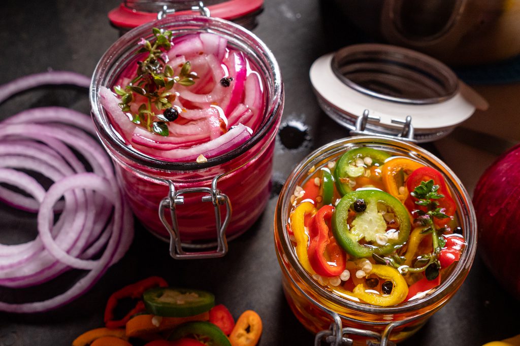 pickled onions and pickled peppers