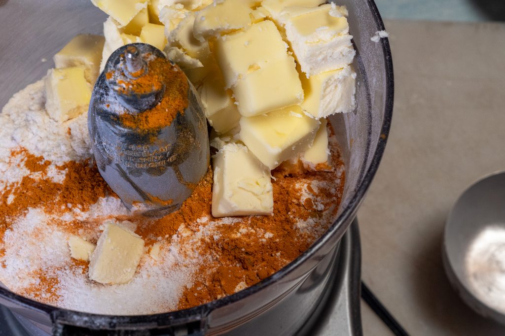 ingredients for venison jamaican meat patty dough in the food processor