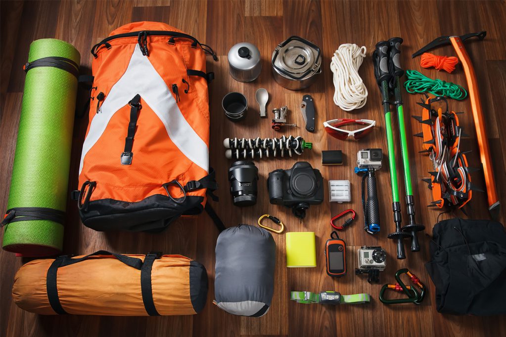 hiking and climbing gear laid out