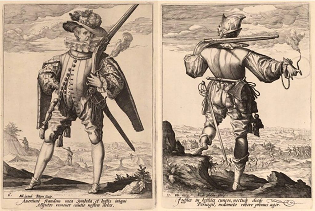old illustrations of men with matchlock muskets