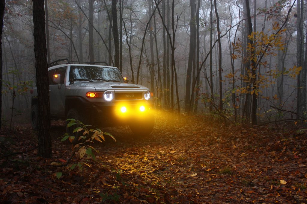 suv driving in woods at dusk