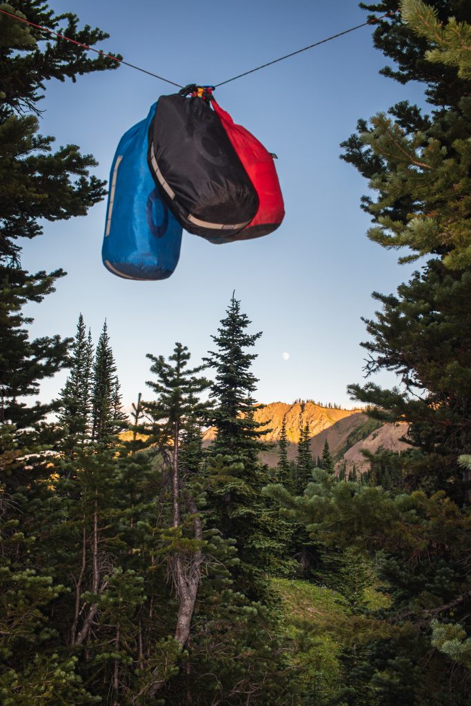 food hanging from rope in bear bags