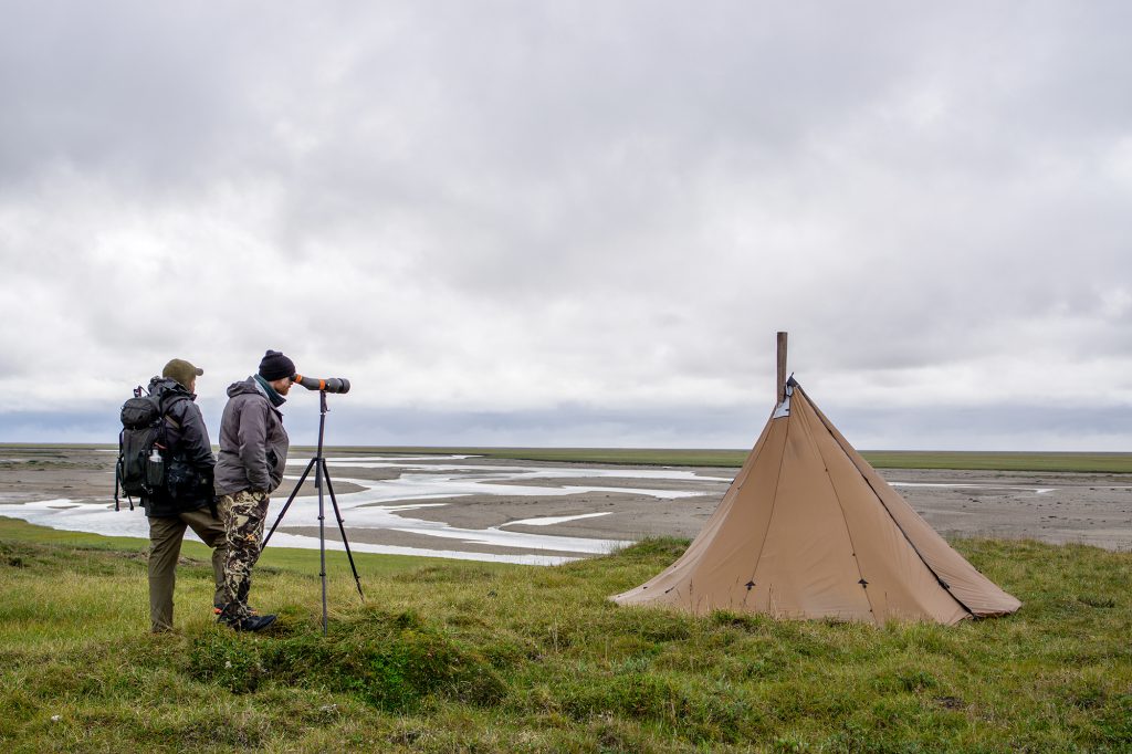 two hunter glassing with spotting scope alaska caribou hunt