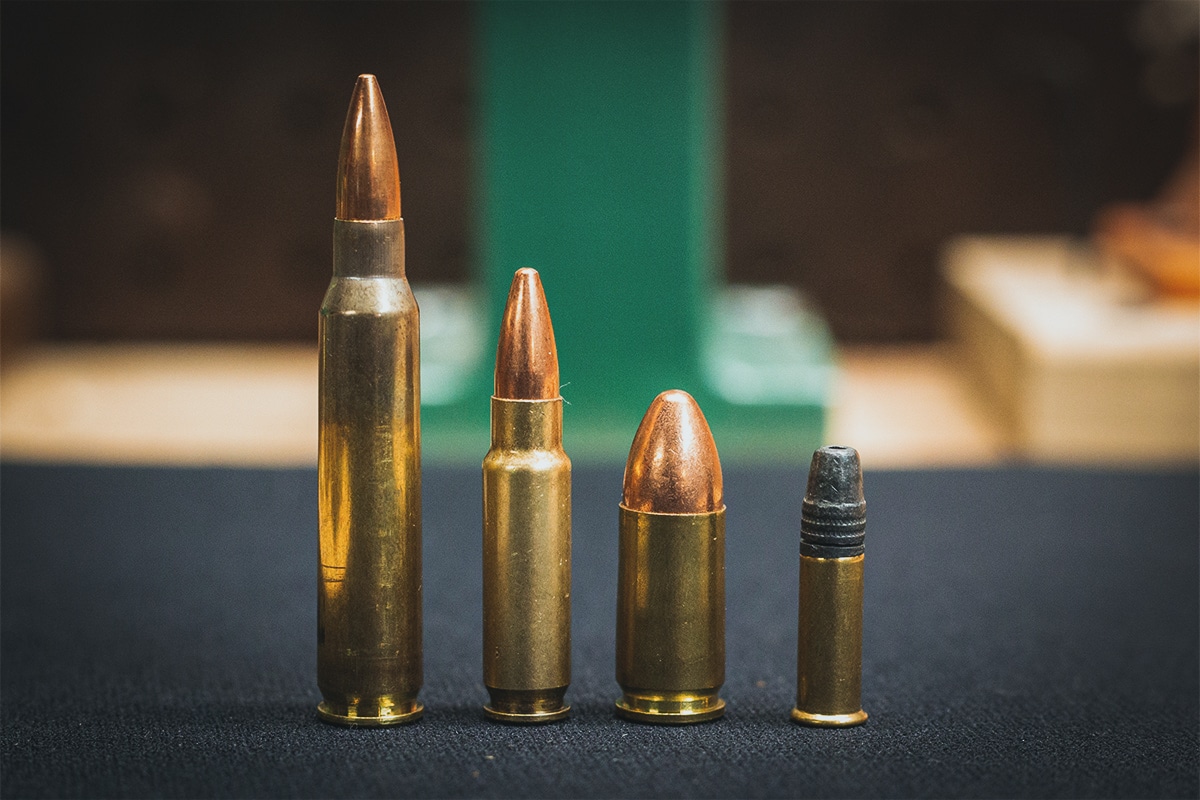 Left to Right: 5.56 NATO, 5.7x28mm, 9mm, and .22 Long Rifle
