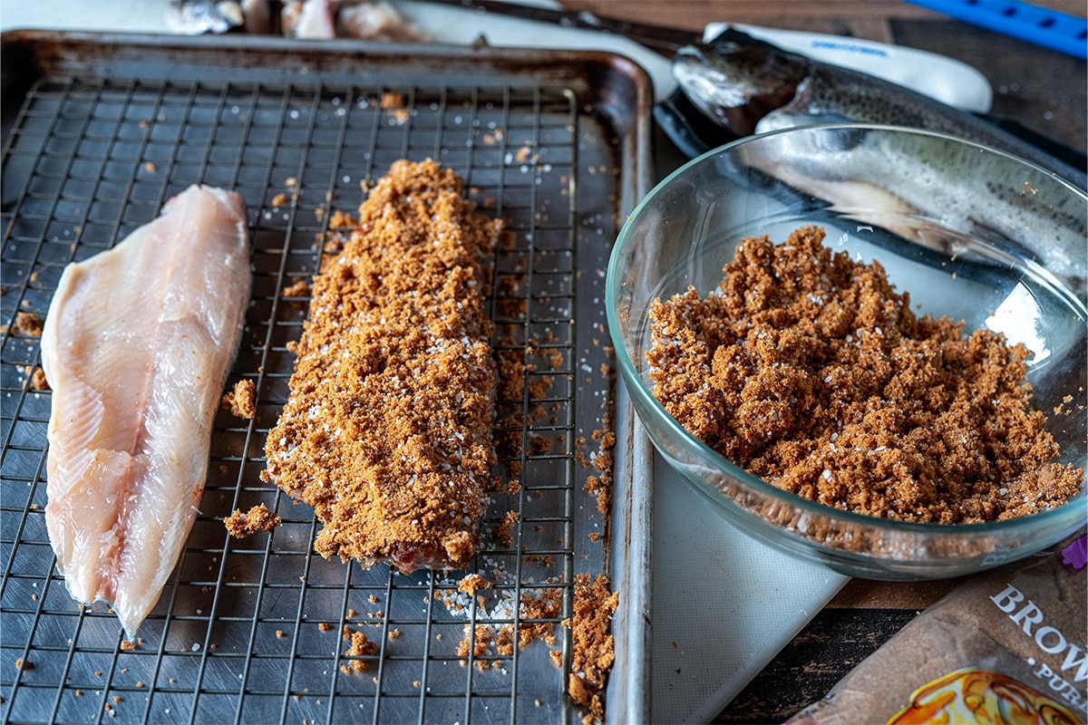 The dry cure will add flavor to the trout 