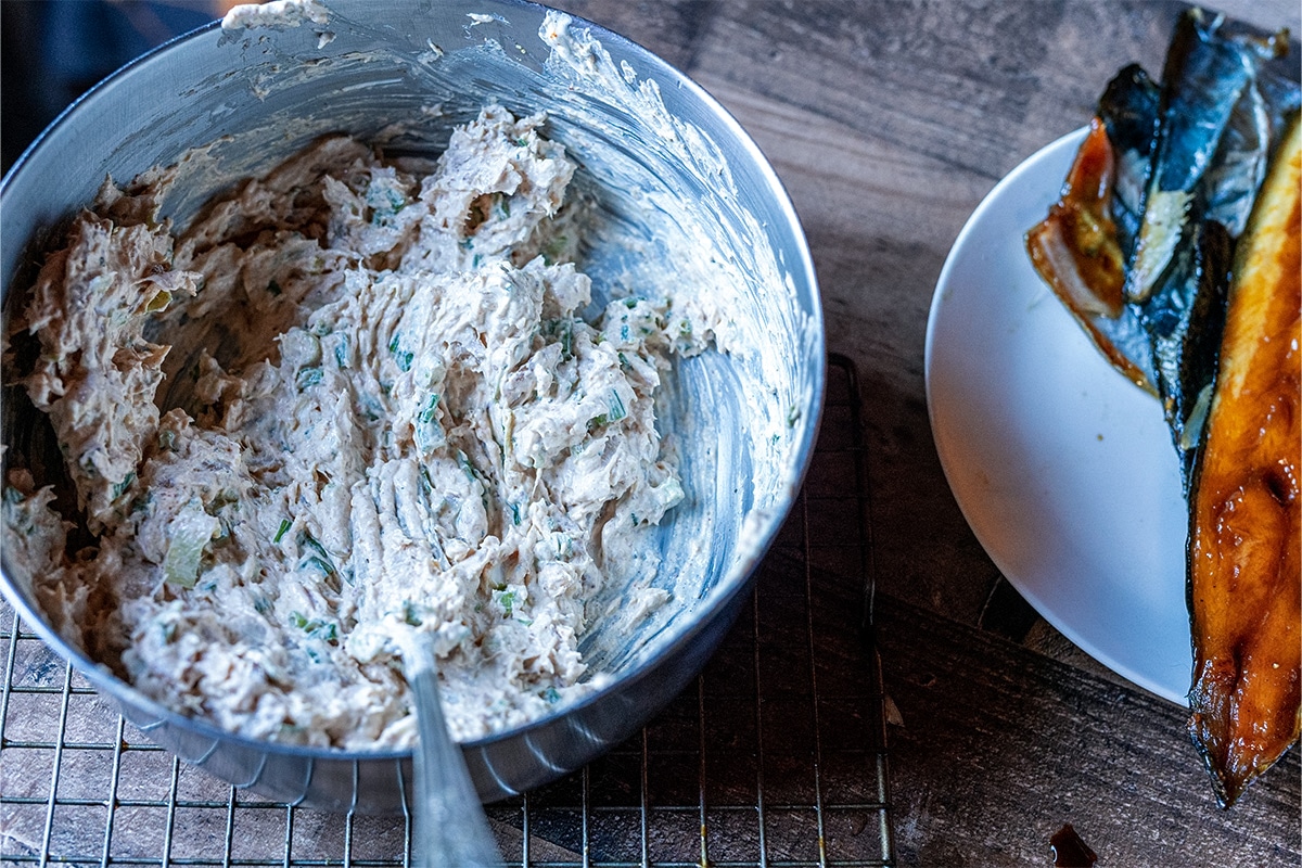 Combining the ingredients for the smoked trout dip