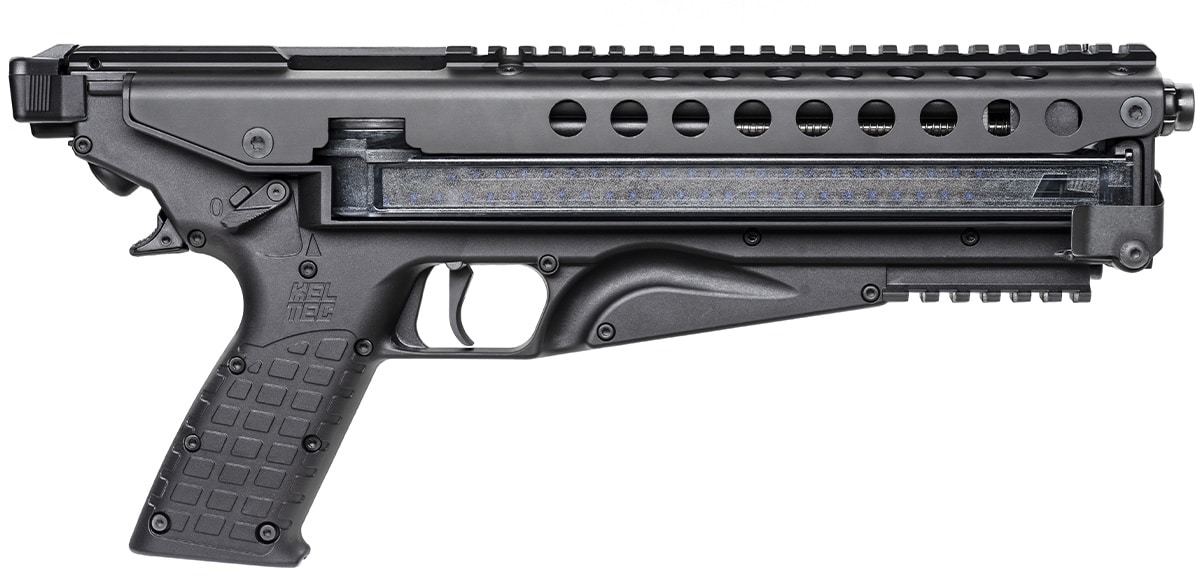 The Kel-Tec P50 uses the same time-tested FN P90 Magazine, where the cartridges are stacked horizontally