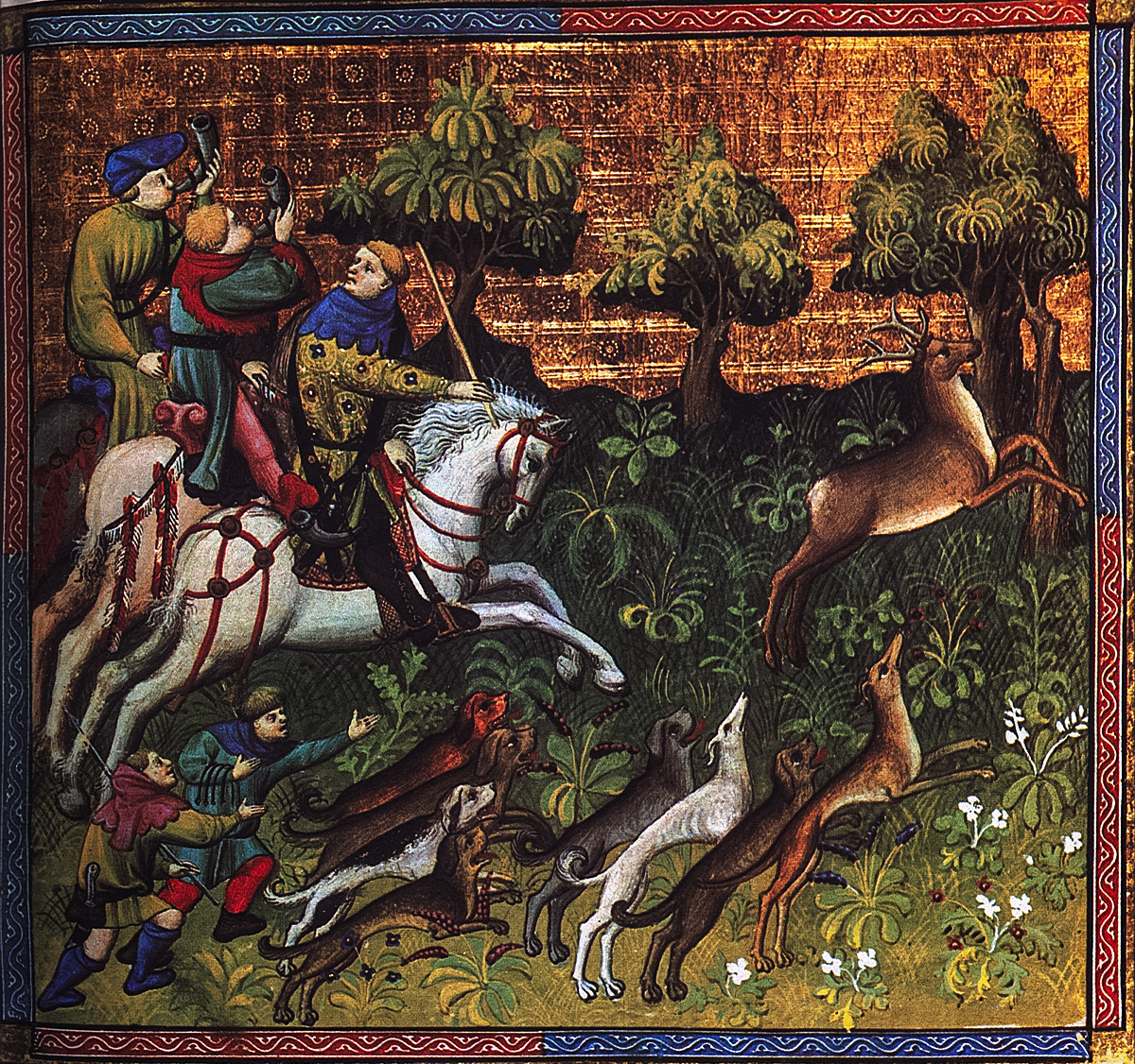 Depiction of 15th Century deer hunters with hunting dogs