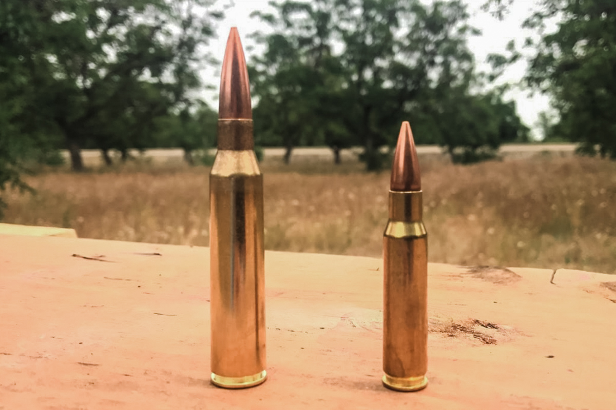 A side-by-side comparison of the 338 Lapua (left) and .308 (right).