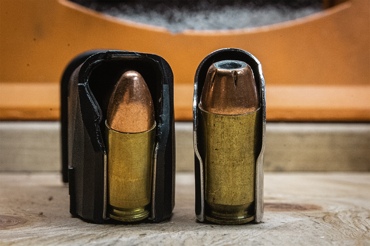 The capacity of the 9mm (left) is almost twice that of the 45 ACP (right) in a similar-sized pistol.