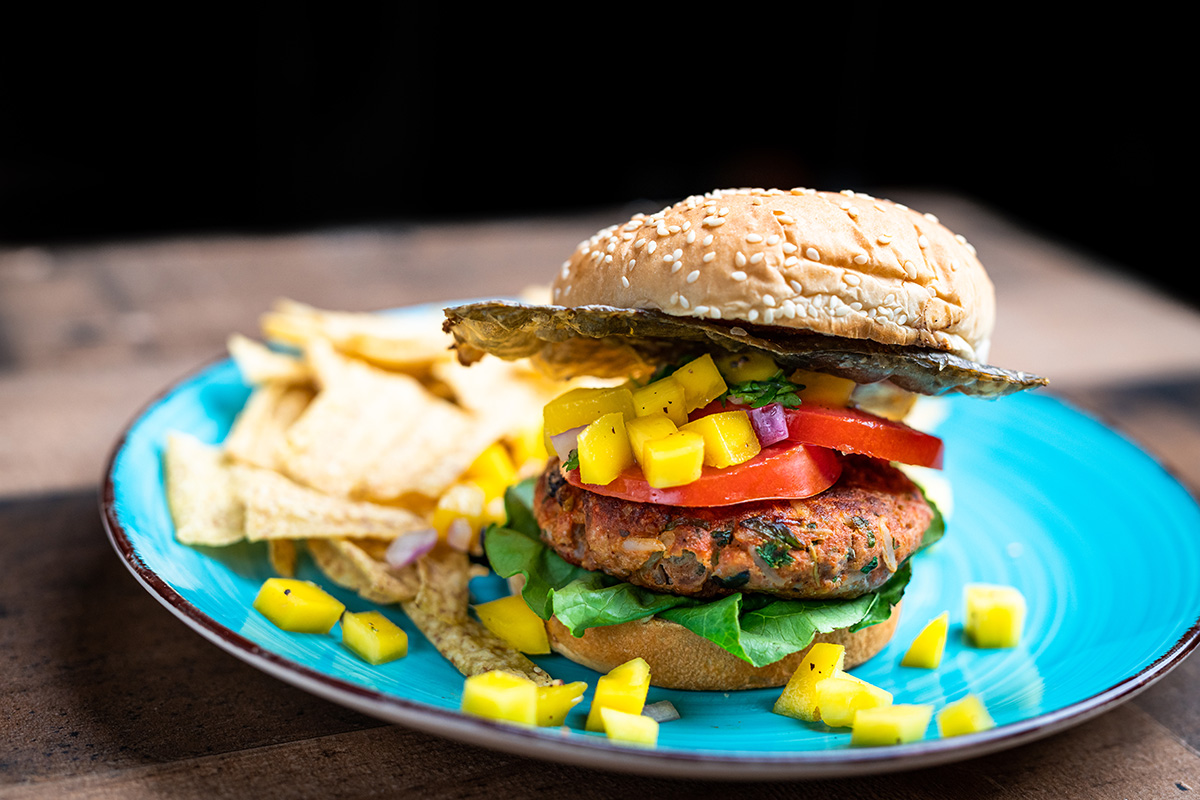 The perfect salmon burger in all its glory.