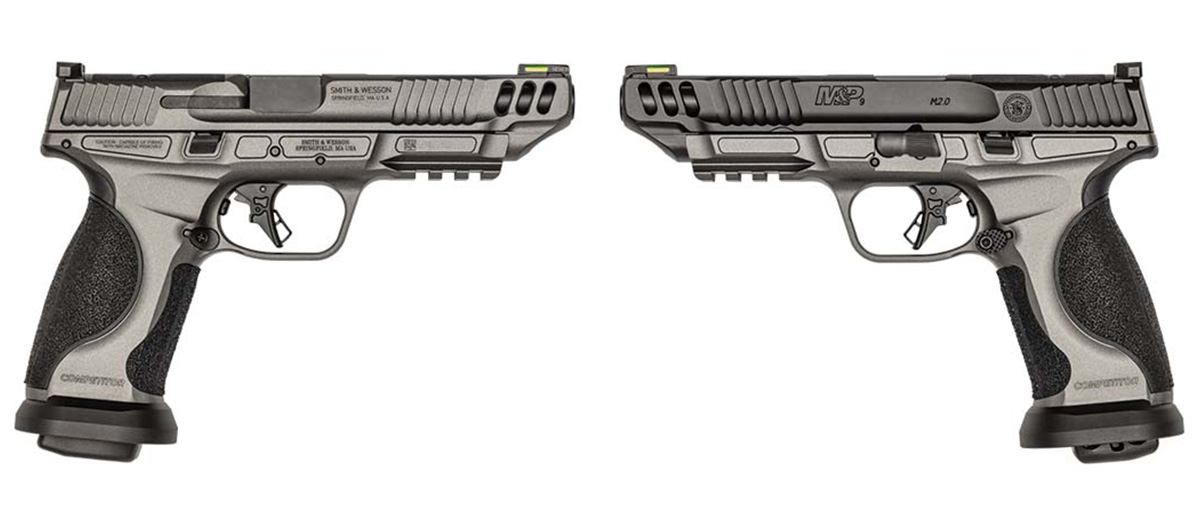 The Smith & Wesson Performance Center M&P9 M2.0 Competitor is available with a Tungsten Gray Cerakote Finish and the slide can be optioned in a black Armornite finish for a two-tone look.