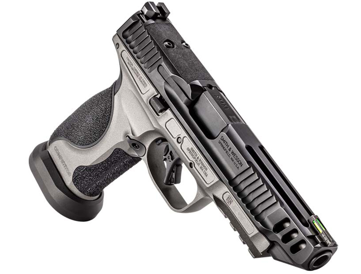 The Smith & Wesson Performance Center M&P9 M2.0 Competitor comes standard with a metal frame, flared magazine well, fiber optic front sight, and an optics-cut slide.