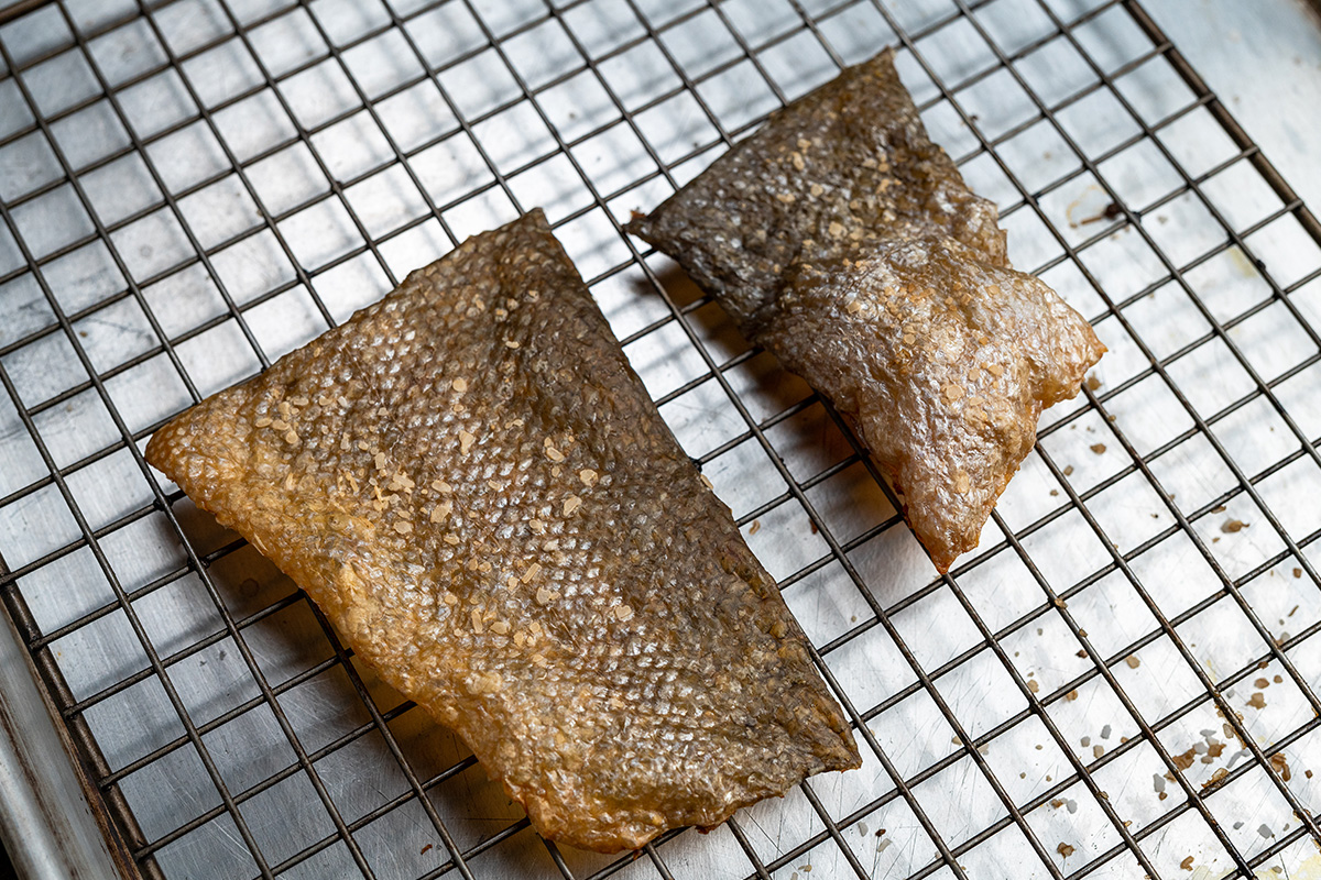 Don’t throw out your salmon skin, it can be baked into a delicious skin chip.