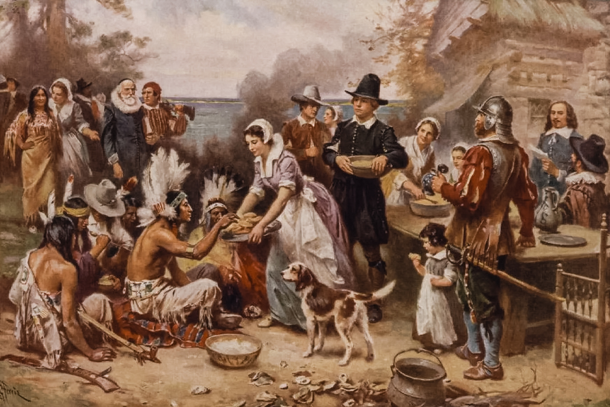 “The first Thanksgiving 1621 / ", a halftone print from an illustration by Jean Leon Gerome Ferris (1863-1930), c1932, by The Foundation Press, Inc., of Cleveland, Ohio.