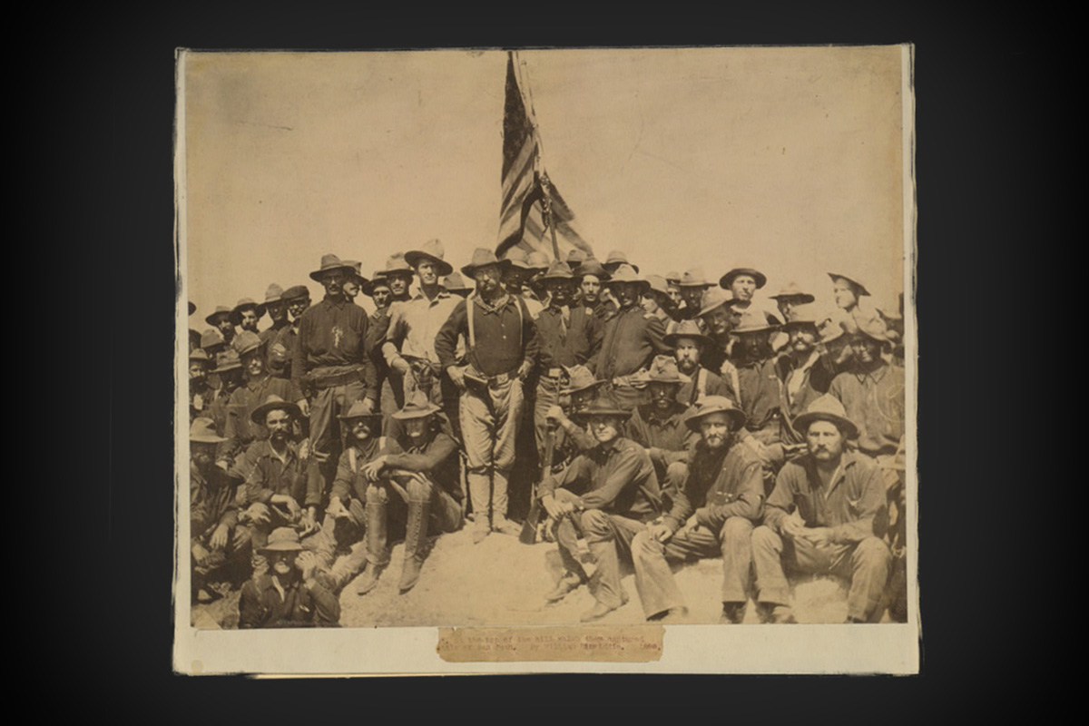 Theodore Roosevelt stands with other members of the 1st U.S. Volunteer Cavalry (a.k.a Rough Riders) at San Juan Hill, Cuba, in 1898.