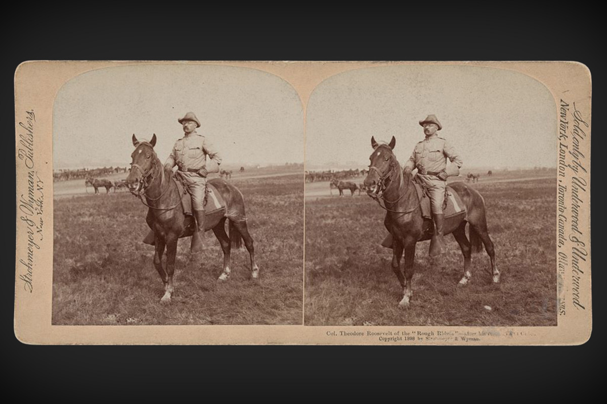 Theodore Roosevelt rides his horse after returning from Cuba with the 1st U.S. Volunteer Cavalry (a.k.a Rough Riders).