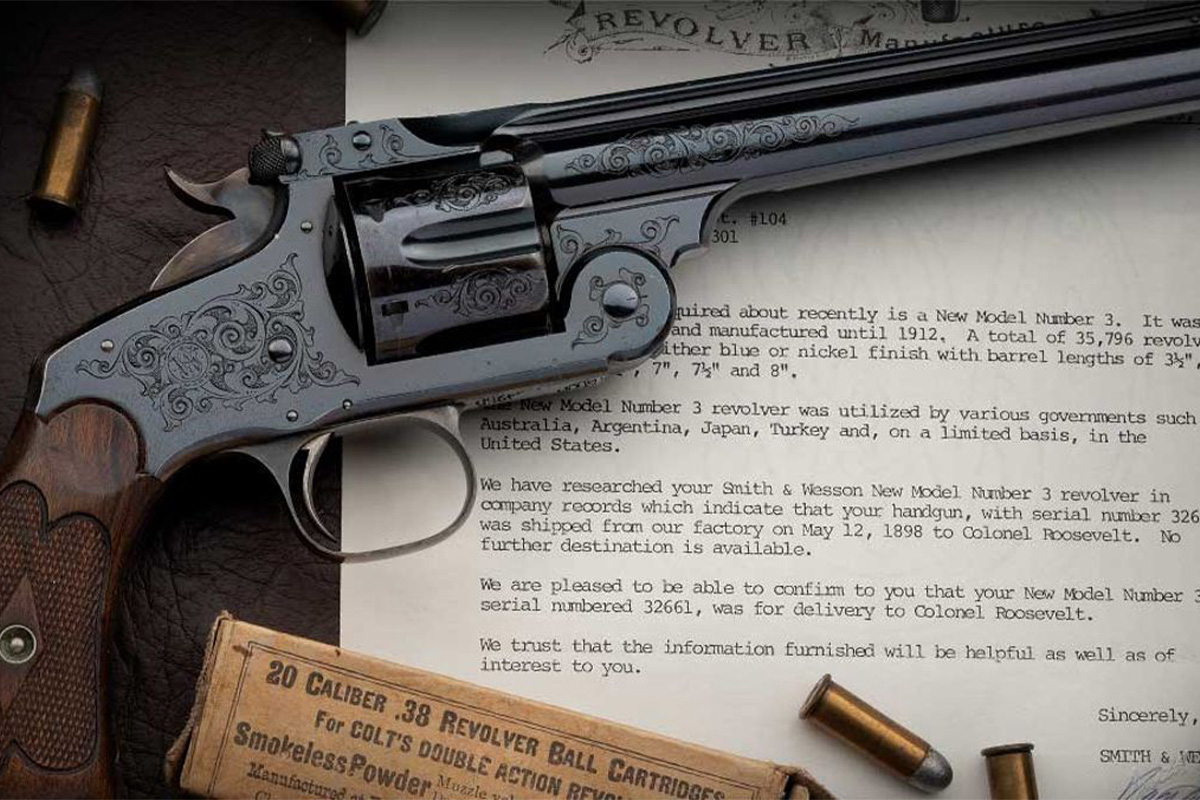 1898 Smith & Wesson New Model No. 3 revolver is prepared for auction.