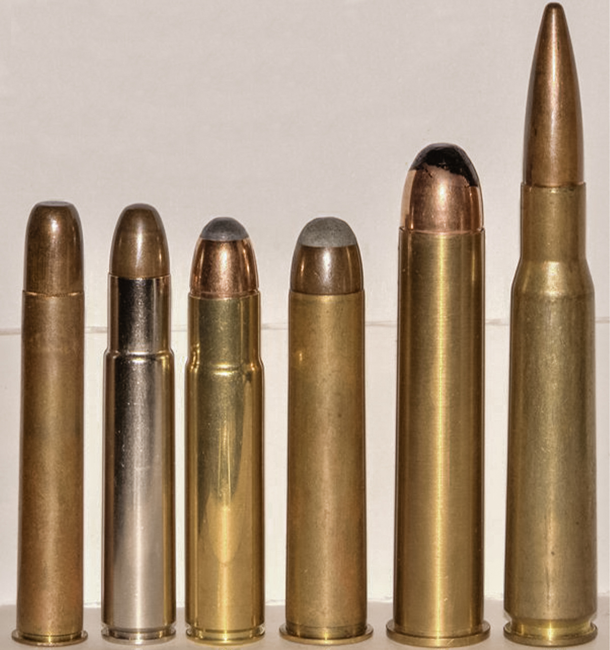 (Left to right) .500 NE, .505 Gibbs, .577 Tyrannosaur, .600 NE, .700 NE, .50 BMG.