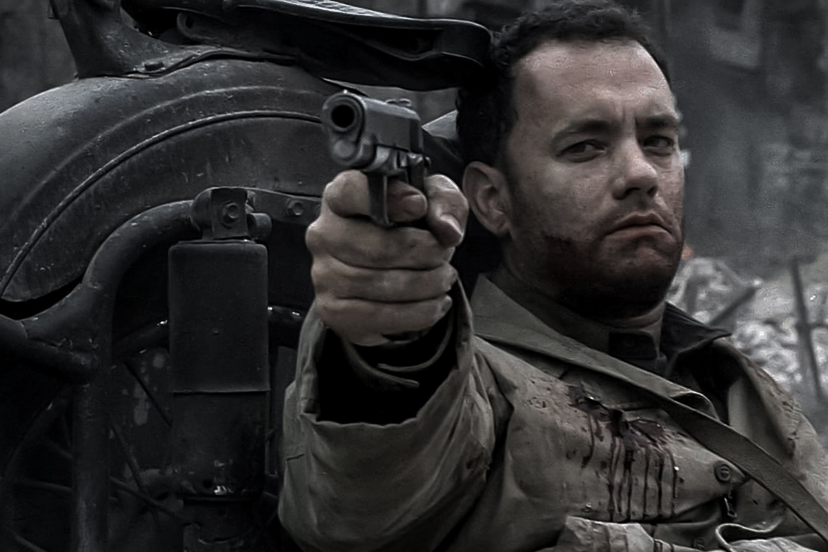 Tom Hanks aims a Colt M1911A1 in the 1998 film Saving Private Ryan.