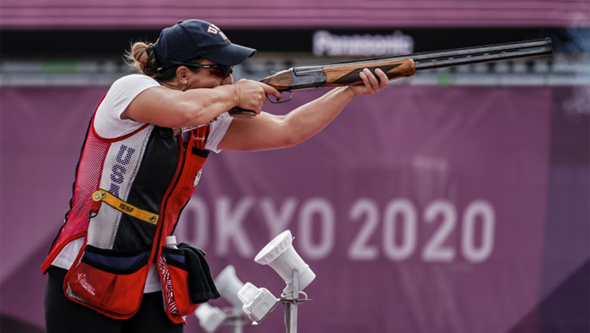 Lt Amber English of the U.S. Olympic team wins gold in Skeet at the 2020 games in Tokyo with an over under shotgun.