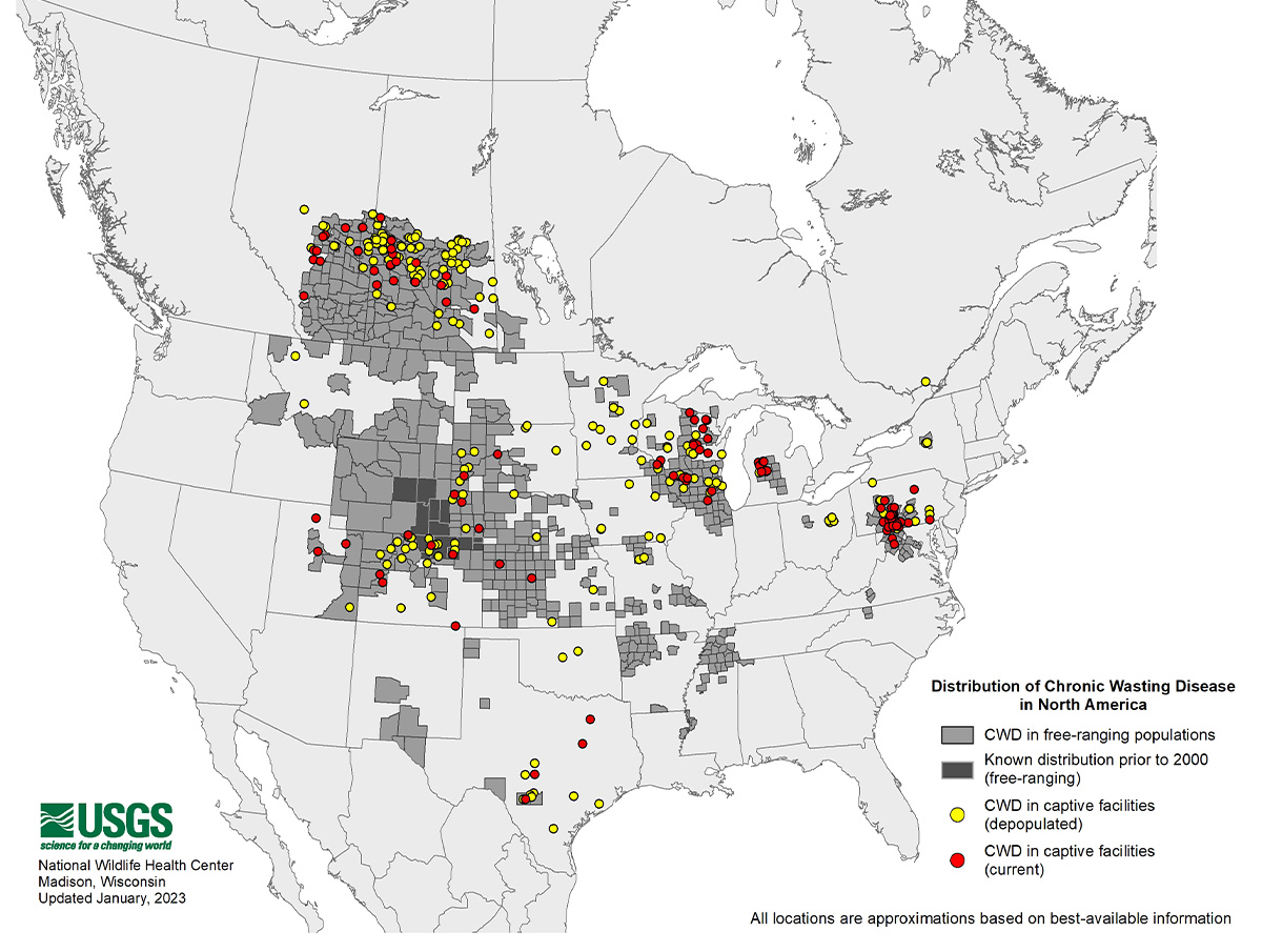 As of January 2023, 29 states and 3 Canadian provinces have reported CWD in free-ranging deer, moose, and elk populations.