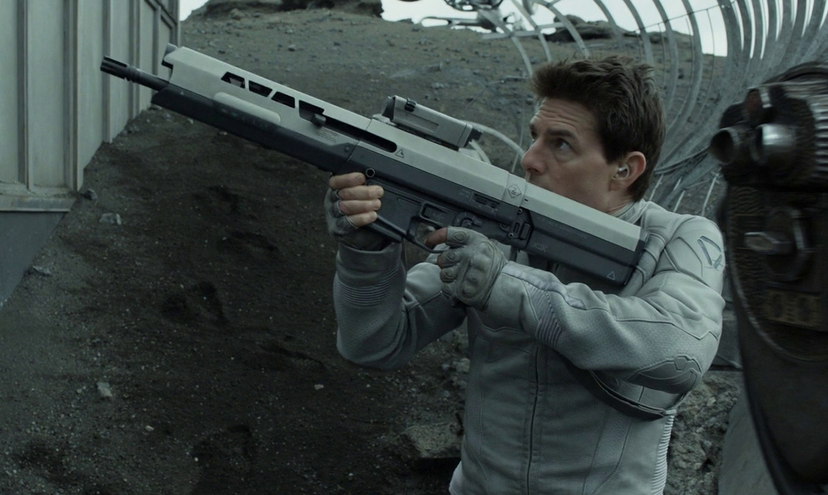 Tom Cruise wields a Bushmaster ACR modified to look like a futuristic weapon in the 2013 film Oblivion.